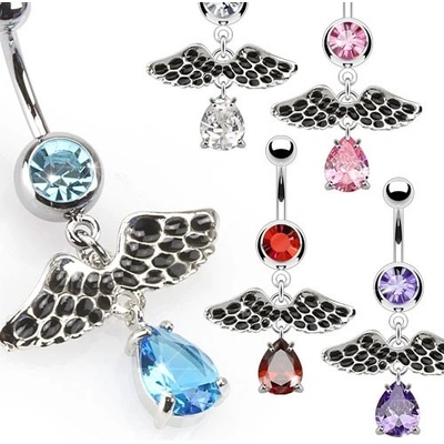 Šperky eshop ocelový piercing do pupíku zdobený andělskými křídly zirkon PC12.02 aqua modrá Q