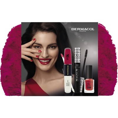 Dermacol Magnum Black řasenka pro objem 9 ml + 07 matná tekutá rtěnka 4,5 ml + 21 Monroe Red dlouhotrvající lak na nehty 11 ml