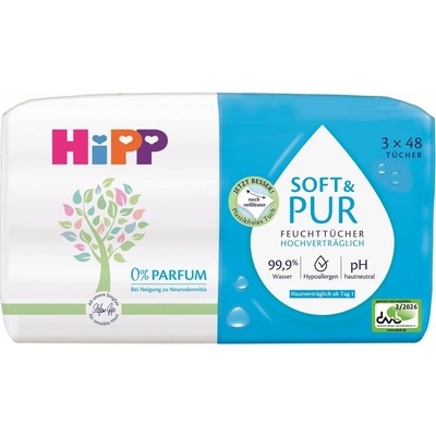 HiPP Babysanft Čistící vlhčené ubrousky Soft & Pure 3 x 48 ks