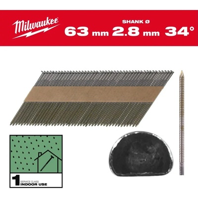 Milwaukee 4932492600 Páskované rámové hřebíky s D-hlavou 34°, 63 mm RS/B/SC1 (2 200 ks)