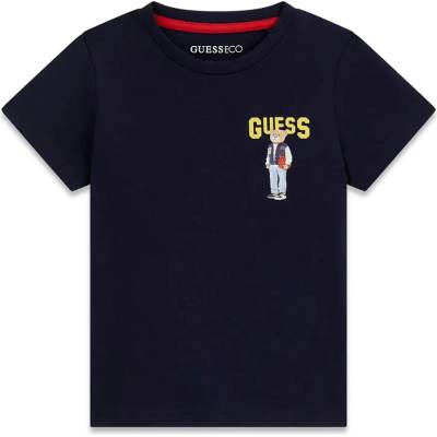 GUESS Тъмносиня тениска за мини момче с жълт надпис Guess и малко мече