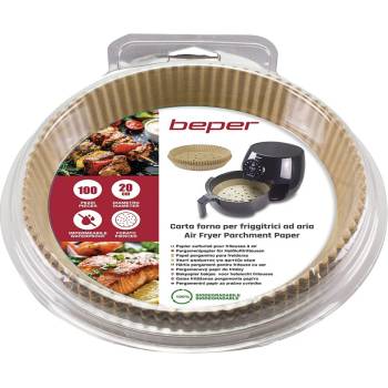 Beper Комплект 100 бр. хартиени подложки за Air Fryer Beper C103ACC001, Пергаментова хартия, 20 см, Незалепващи, Биоразградими, Кафяв (C103ACC001)