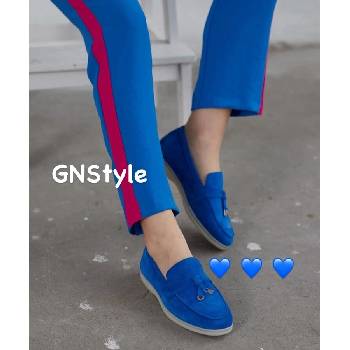 GNStyle Модерни дамски мокасини в син цвят от естествен велур с красив и нежен аксесоар