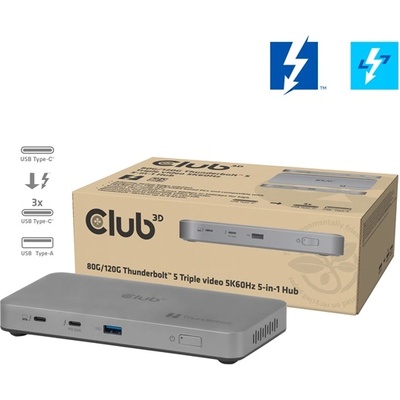 Club 3D Док за преносими компютри Club 3D - CSV-2563 (180W, Thunderbolt 5 към 3xUSB-C, USB-A, 1x 8K60Hz, 3x 5K60Hz) (CSV-2563)