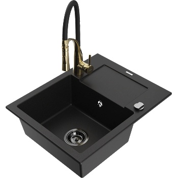 Mexen Enzo гранитна мивка с една камера, с отцеждач и кухненски смесител Aster, черен - 6506-77-73450-57-B (6506-77-73450-57-B)