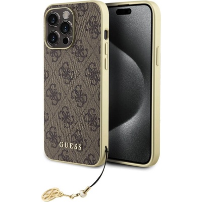 GUESS 4G Charms Collection Hard Case - дизайнерски кожен кейс за iPhone 15 Pro Max (кафяв)