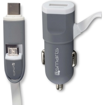Зарядно за кола с кабел за microUSB и USB-C стандарти - 4smarts MultiCord Car Charger MicroUSB + USB-C (бял-сив) (110454)