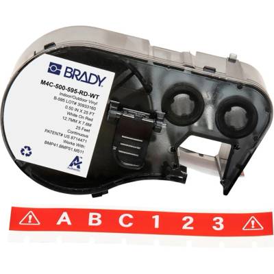 Brady M4C-500-595-RD-WT / 170817, 12.70 mm x 7.62 m, Винил, бял печат / червен фон (170817)