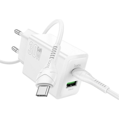 hoco. Зарядно устройство HOCO N71 за USB+Type-C гнездо 30W, бързо зарядно устройство PD 3.0 + кабел Type-C, БЯЛО N71_TYPEC_W (N71_TYPEC_W)
