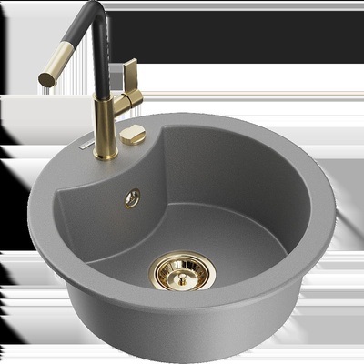 Diego еднокамерен гранитен мивка с кухненски смесител Flora, сив - 6512-71-670401-57-G (6512-71-670401-57-G)