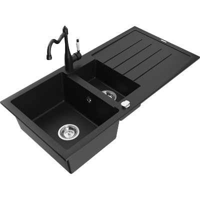 Mexen Andres гранитна мивка 1, 5-камерна с отцедник и кухненски смесител Carla, черен - 6515-77-670700-70 (6515-77-670700-70)
