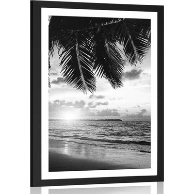 Plakát s paspartou východ slunce na karibské pláži v černobílém provedení - 40x60 no frame