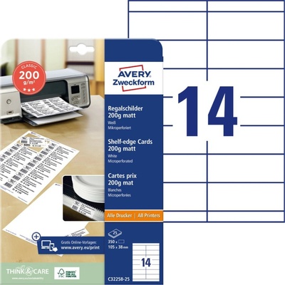 Avery Zweckform Cenovky do lišty stojanu na zboží 25 listů matné bílé 105 x 38 mm 170 g C32258-25 – Zboží Mobilmania