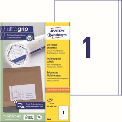 Avery Zweckform Etikety 100 listů A4 bílé 200 x 297 mm univerzální 3418