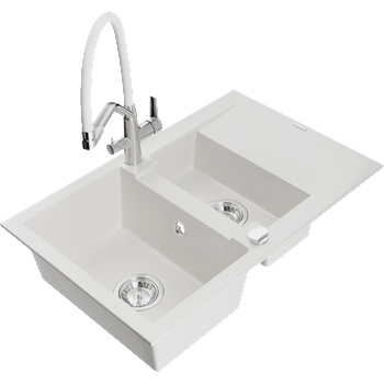 Mexen Gaspar гранитна мивка с 1, 5 камери, с отцедник и кухненски смесител Duo, бял - 6507-20-671701-02 (6507-20-671701-02)