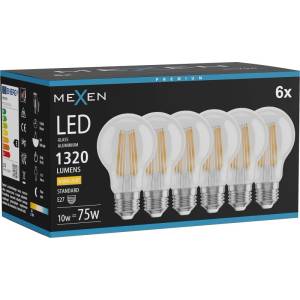 Mexen Vintis 6x LED крушка на нажежаема жичка E27, A60, 10W, Топла - 2700K, 1320 lm, (L150-E27-1027-00x06)