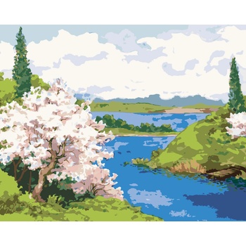 ZUTY Maľovanie podľa čísel KVITNÚCE STROMY NA BREHU KĽUKATEJ RIEKY Rámovanie vypnuté plátno na rám Rozmer 80 x 100 cm