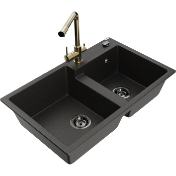 Mexen Tomas гранитна мивка с 2 отделения с кухненски смесител Duero, черно/златен металик - 6516-75-671600-50-B (6516-75-671600-50-B)