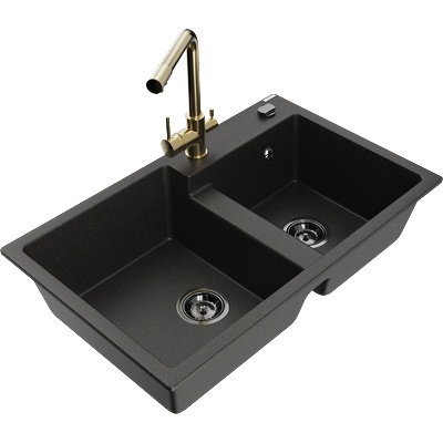 Mexen Tomas гранитна мивка с 2 отделения с кухненски смесител Duero, черно/златен металик - 6516-75-671600-50-B (6516-75-671600-50-B)