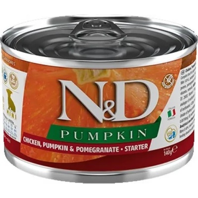N&D Pumpkin Dog Chicken & Pomegranate Starter Mini GRAIN FREE - консерва за подрастващи кученца по време на отбиване до възраст от 2 месеца, за мини породи, с пиле и нар, БЕЗ ЗЪРНО, 140 гр Италия PND140028