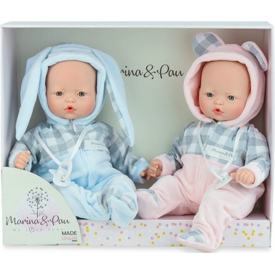 Marina & Pau Realistická miminka dvojčátka Hermína a Hermánek v pyžámkách s oušky Pitus Mellizos Baby Animal 40 cm