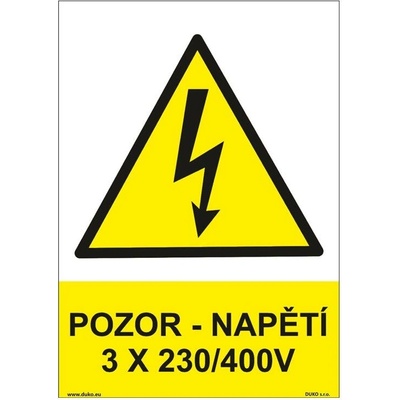 DUKO POZOR - NAPĚTÍ 3 X 230/400 V Formát: 148 x 210 mm, Materiál: plast 1 mm, samolepící vinylová fólie