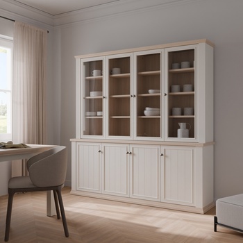 Forte Висок бюфет thirteen 200 см със стъклени врати, бяло/дъб Рива (pntr741-q214)