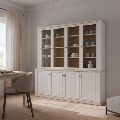 Forte Висок бюфет thirteen 200 см със стъклени врати, бяло/дъб Рива (pntr741-q214)