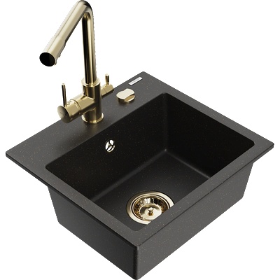 Mexen Milo гранитна мивка с 1 отделение с кухненски смесител Duero, черен/златен металик - 6505-75-671600-50 (6505-75-671600-50)