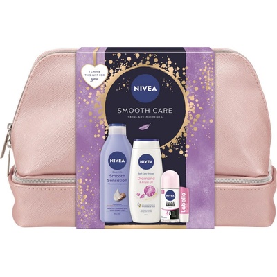 Nivea Smooth Care SG 250 ml, Telové mlieko 400 ml, Guľôčkový antiperspirant 50 ml a Labello 4,8 g Darčeková taška