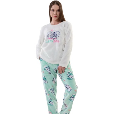 Дамска топла пижама в бяло и зелено с куче