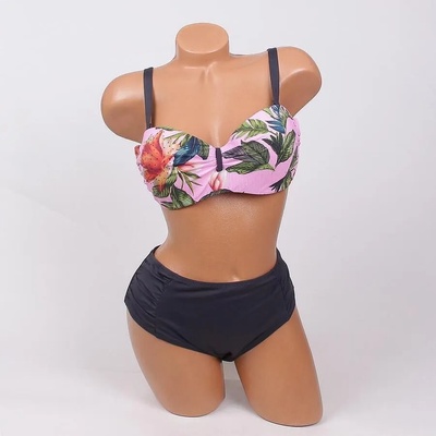 Макси бански в розово и тъмносиво с цветя - чашка d