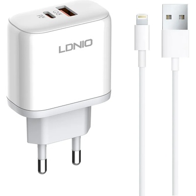 LDNIO Мрежово зарядно устройство LDNIO A2526C, 45W, 1 x Type-C F, 1 x USB F, PD, QC, PPS, С Lightning кабел , Бял - 40285 (40285)