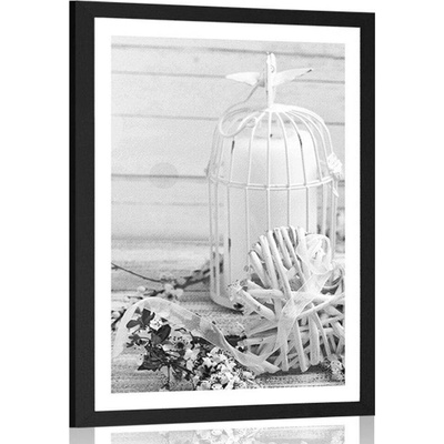 Plakát s paspartou třešňová větvička a lucerničky v černobílém provedení - 40x60 black