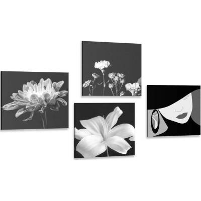 Set obrazů elegance ženy a květin v černobílém provedení - 4x 40x40