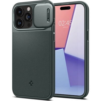 Spigen Optik Armor MagFit MagSafe Case - тънък качествен силиконов (TPU) калъф с капак за камерата с MagSafe за iPhone 15 Pro Max (зелен)