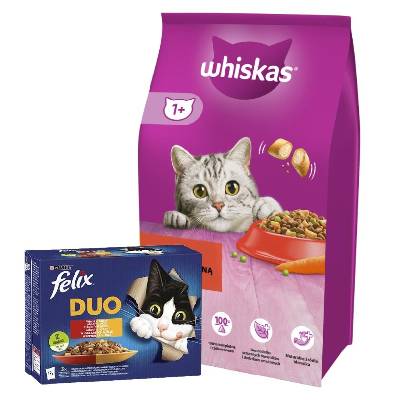 Whiskas Adult s hovädzím mäsom 14 kg & FELIX Duo vidiecke príchute v želé 12x85g