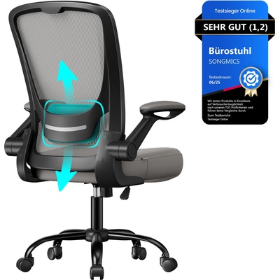 SONGMICS ergonomic office chair, swivel chair with mesh, lumbar support, rocker function, 53 cm seat, folding armrests, study and bedroom, students, dove gray OBN037G01