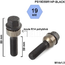 Kolový šroub M14x1,5x59 koule R14 pohyblivá, černý, klíč 19, výška 89