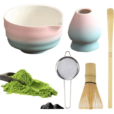 Bedee Darčeková súprava na matcha, keramická, 8 dielov, bambusová metlička, ružová