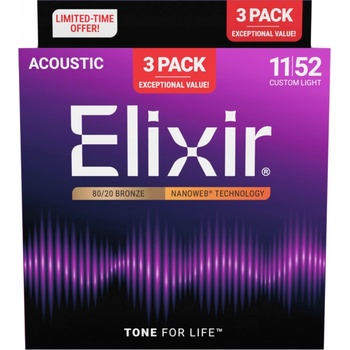 Elixir 16564 Nanoweb 11-52 3-Pack Струни за акустична китара (16564)