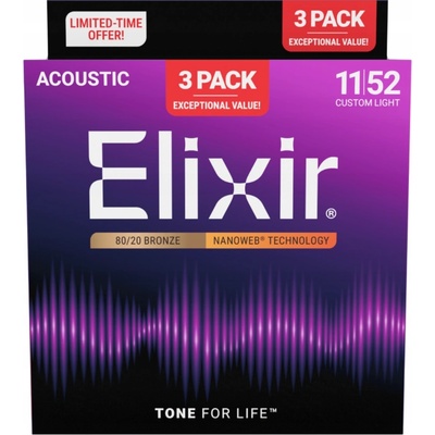 Elixir 16564 Nanoweb 11-52 3-Pack Струни за акустична китара (16564)
