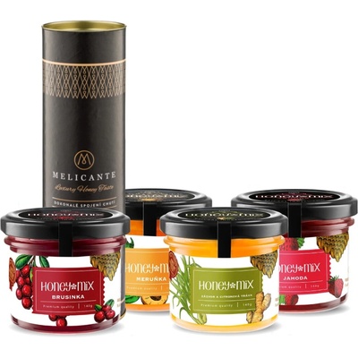 HoneyMix Dárková sada medů Brusinka, meruňka, jahoda a zázvor 4x140 g