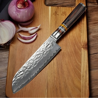 HARAHU Damaškový kuchynský nôž KA-14041 - Santoku/Hnedá 17 cm