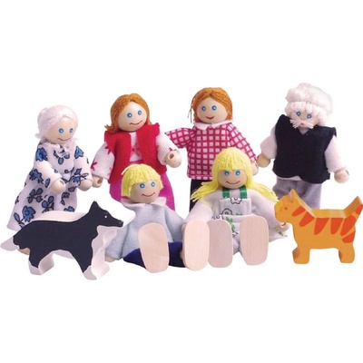 Bigjigs Toys Комплект дървени кукли Bigjigs - Семейство с домашни любимци (JT117)