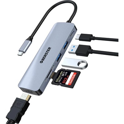 OBERSTER Докинг станция 6-in-1, USB Type-C, 2xUSB 3.0, HDMI, 100W PD, SD/TF Card Reader, Сив (OBERSTER USB C HUB)