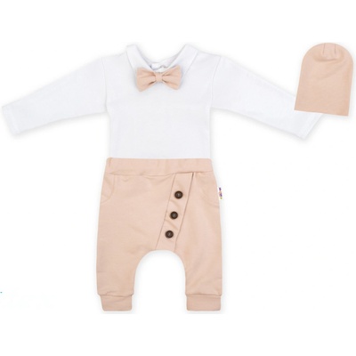 Baby Nellys 3-dielna sada Hubert body s motýlikom dl.rukáv tepláčiky a čiapočka béžový
