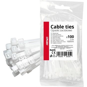 Amio 04305 káblové pásky 2,5 × 100 mm biele 100 ks