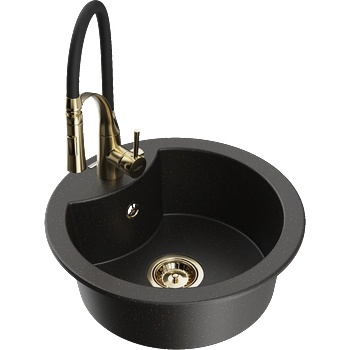 Mexen Diego гранитна единична мивка с кухненски смесител Aster, черен/златист (6512-75-73450-57-G)