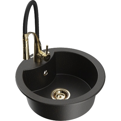 Mexen Diego гранитна единична мивка с кухненски смесител Aster, черен/златист (6512-75-73450-57-G)